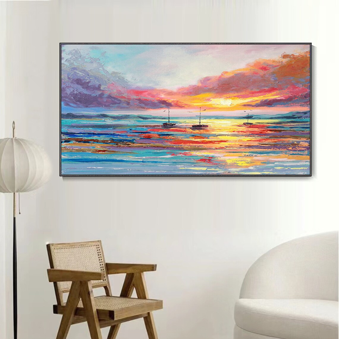 Vibrant Sunset Seascape Sailboats Ocean Reflections Oil Painting Poster - Image 5