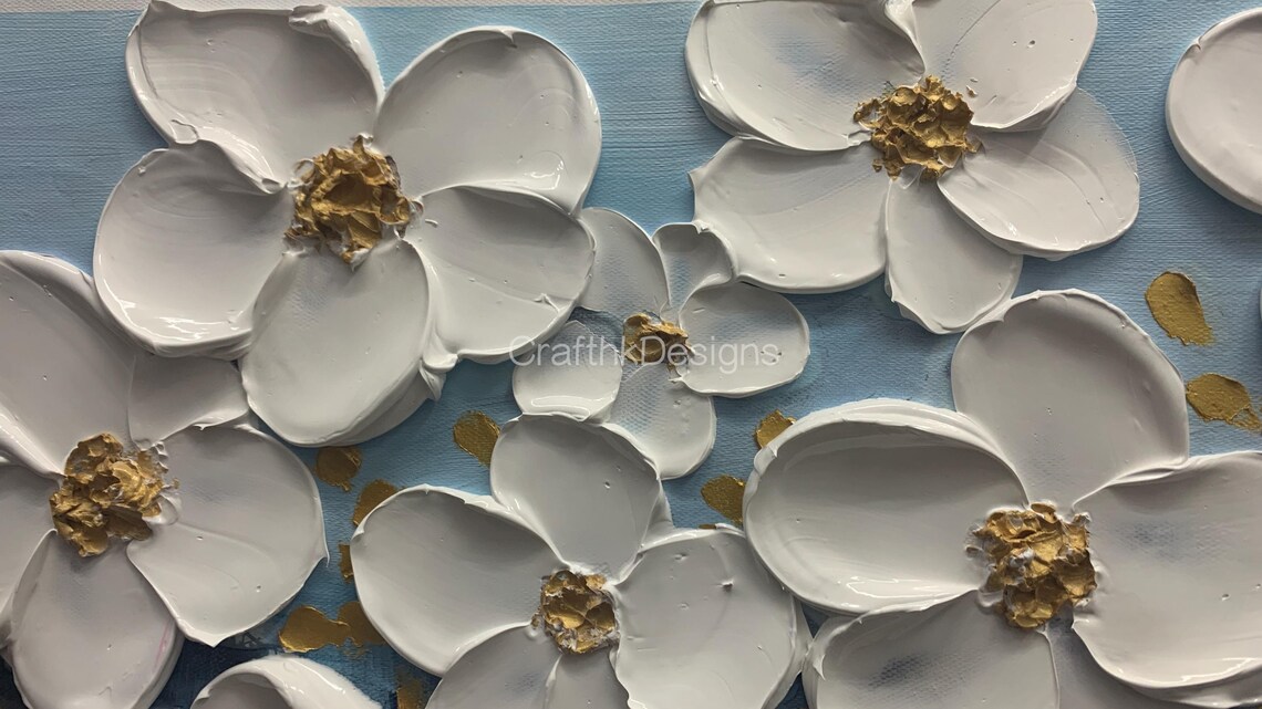 White Flowers Gold Stamens Deep Blue Luxe Floral Oil Painting Wall Art - Image 5