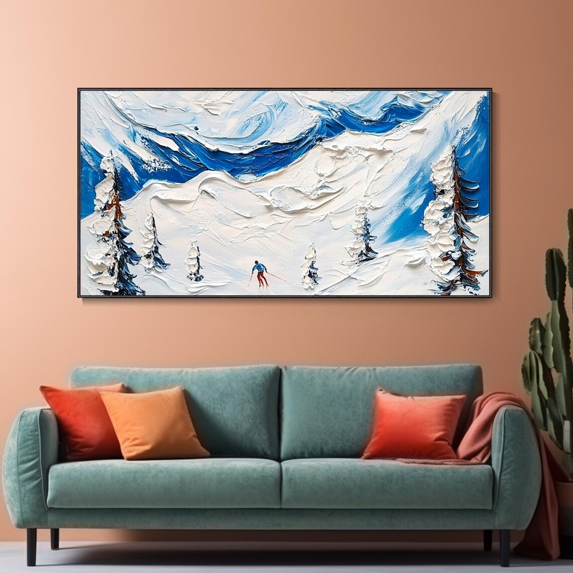 3d Snowy Mountain Skiing Oil Painting Winter Sport Nature Landscapes Skier Outdoor Activity Leisure Travel Adventure Original Artwork Decor - Image 2