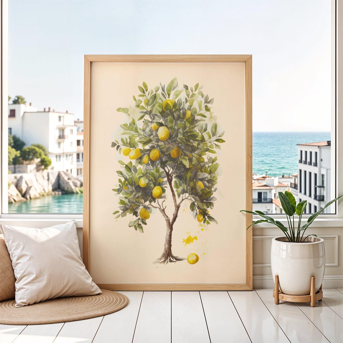 Lemon Tree Watercolor Lush Green Foliage Sunny Kitchen Art Poster