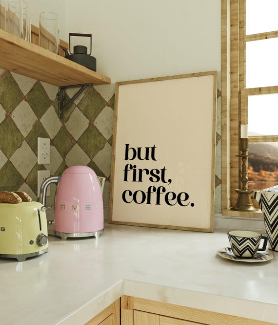 But First Coffee Print Minimalist Wall Art Retro Kitchen Quote Poster Modern Cafe Decor Station Beige Black