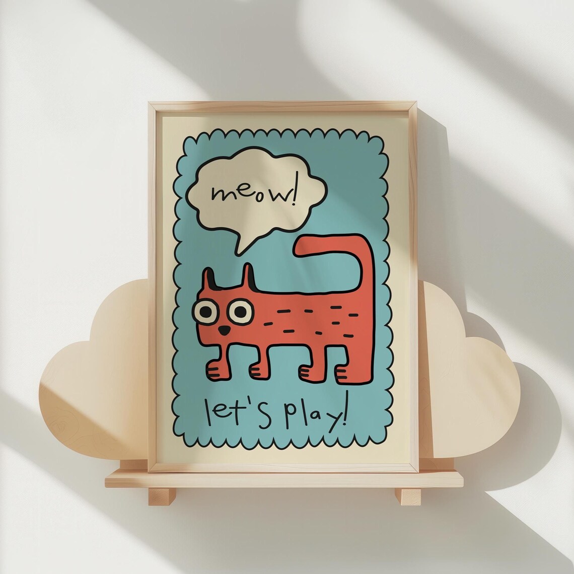 Playtime Meow Funny Red Cartoon Cat Kids Nursery Wall Poster