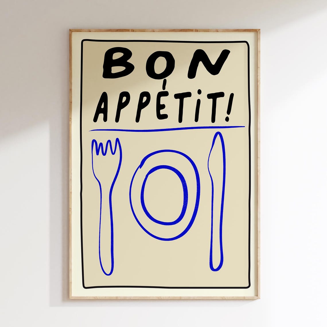 Bon Appetit Hand Drawn Blue Dining French Kitchen Art Poster