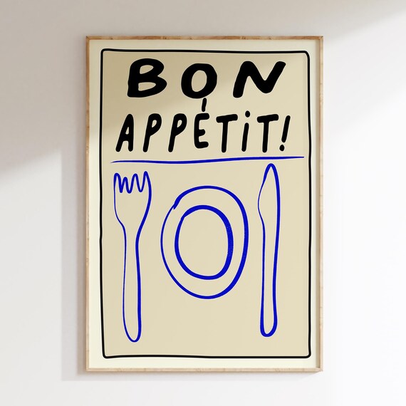 Bon Appetit Hand Drawn Blue Dining French Kitchen Art Poster