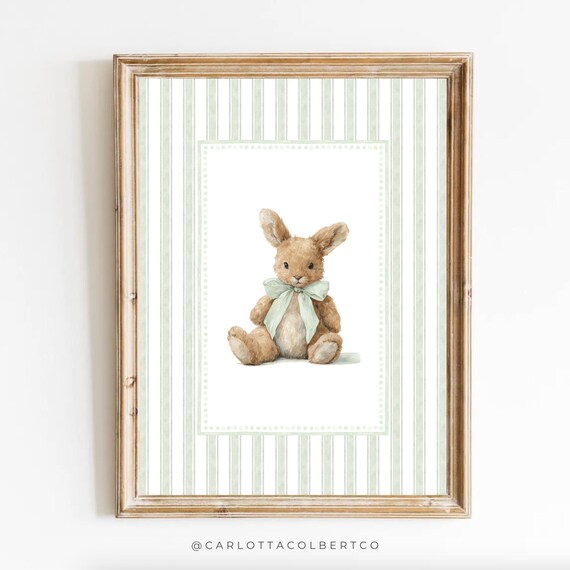 Vintage Bunny With Sage Green Bow Striped Nursery Artwork Poster