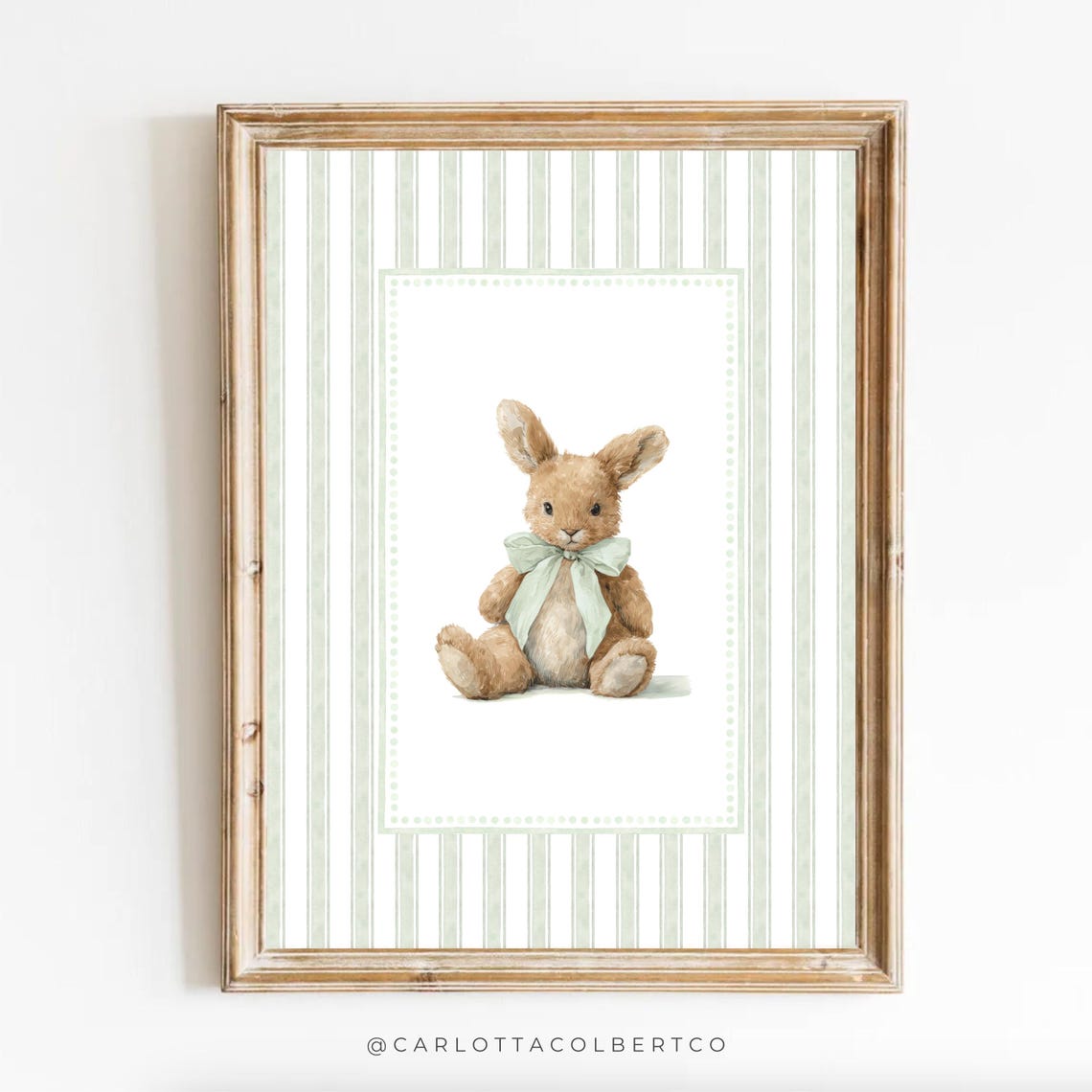 Vintage Bunny With Sage Green Bow Striped Nursery Artwork Poster