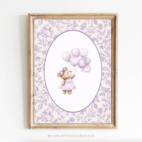 Lavender Nursery Floral Bear, Grandmillennial Poster