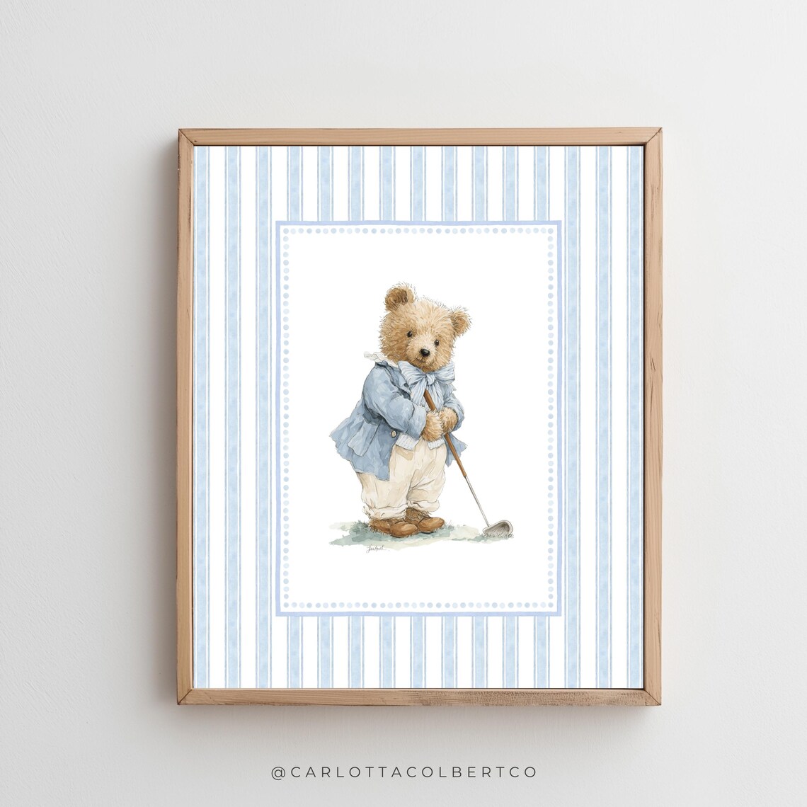 Boy Golf Nursery Art Blue Vintage Decor Grandmillennial Teddy Bear Poster Room