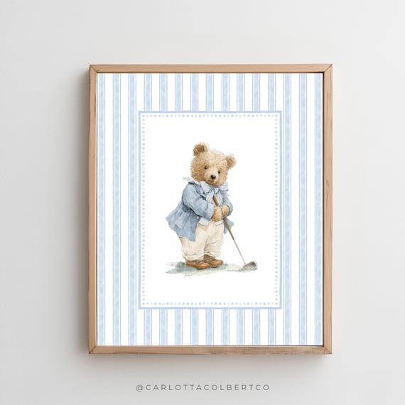Vintage Golfer Teddy Bear Blue Striped Boys Nursery Sport Poster