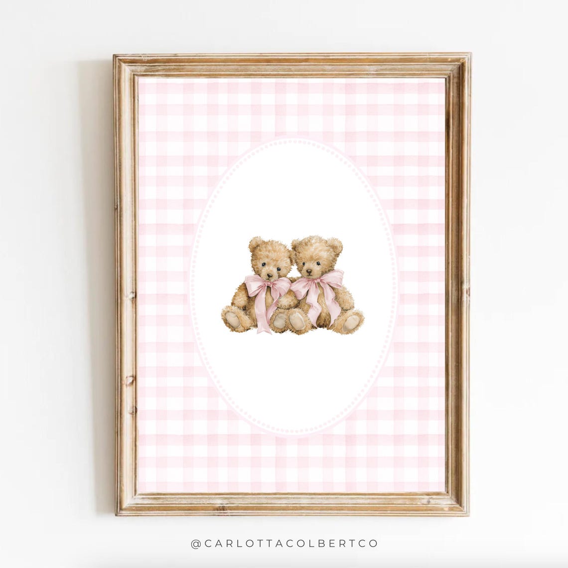 Vintage Twin Teddy Bears Pink Bows Gingham Baby Girl Nursery Poster