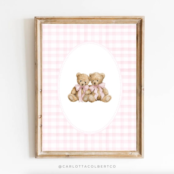 Vintage Twin Teddy Bears Pink Bows Gingham Baby Girl Nursery Poster