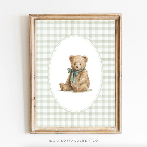 Bear Nursery Art Vintage Sage Green Boy Decor Poster