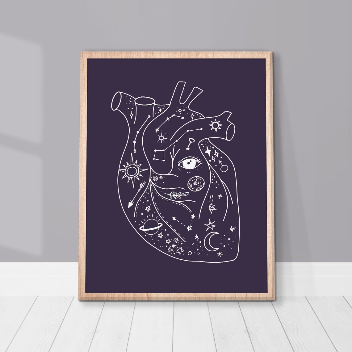 Celestial Anatomical Heart Mystic Boho Line Drawing Wall Art - Image 2