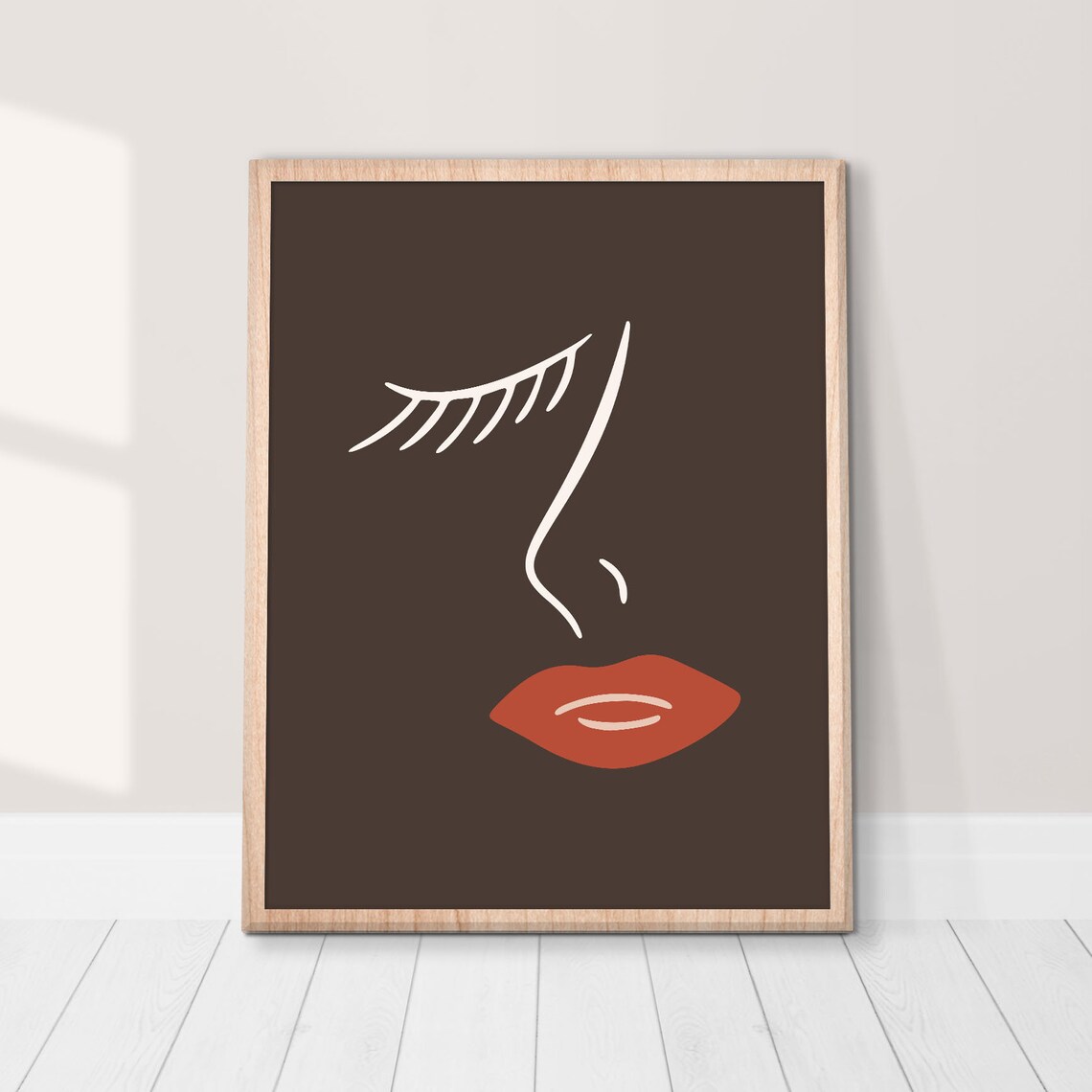 Minimalist Female Face Line Art Red Lips Closed Eye Dark Poster - Image 2