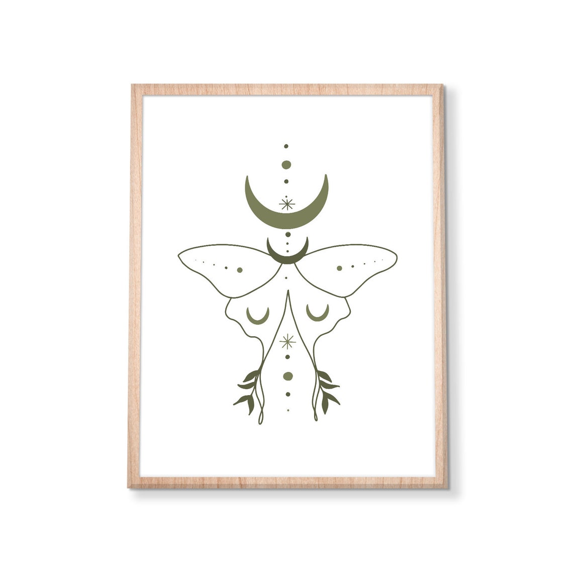 Moth Moon Butterfly Celestial Boho Mystical Green Line Art Poster - Image 2
