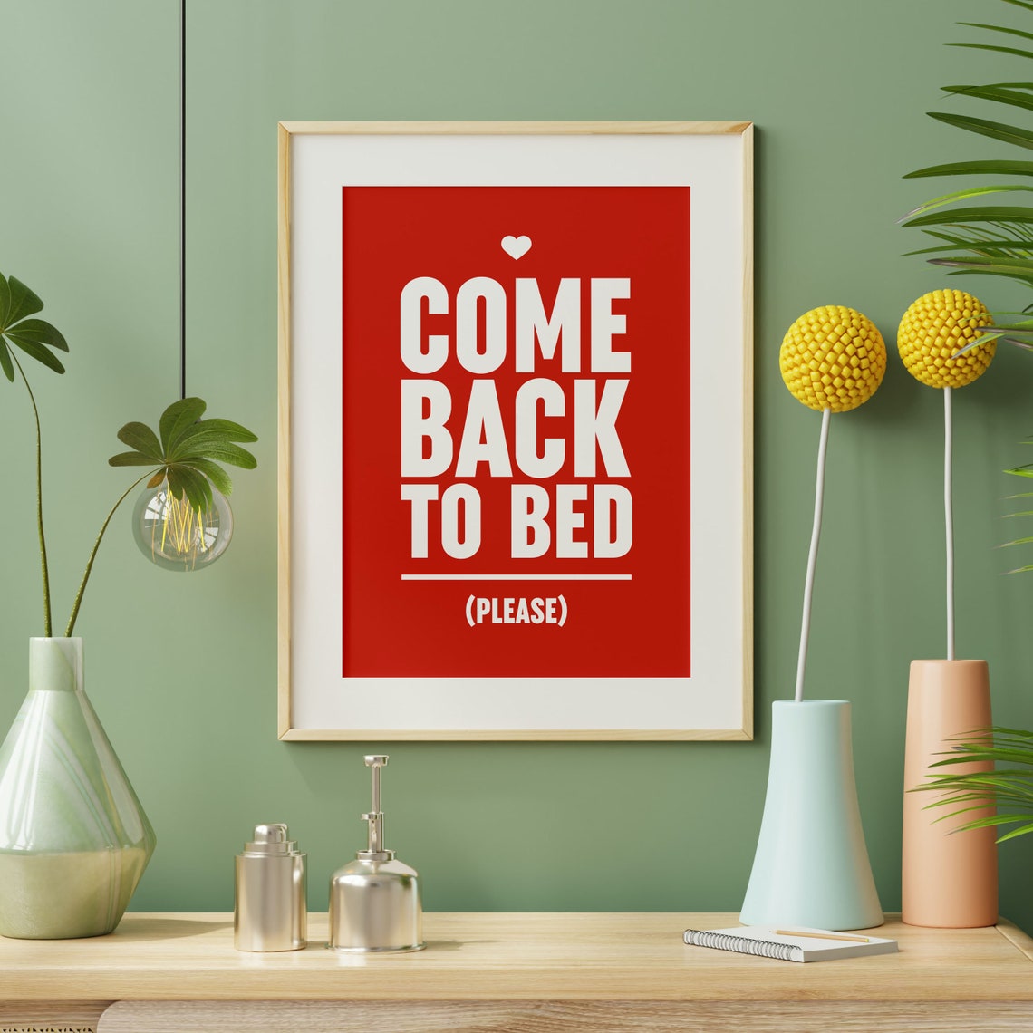 Come Back to Bed Please Bold Red White Heart Couple Bedroom Poster - Image 2