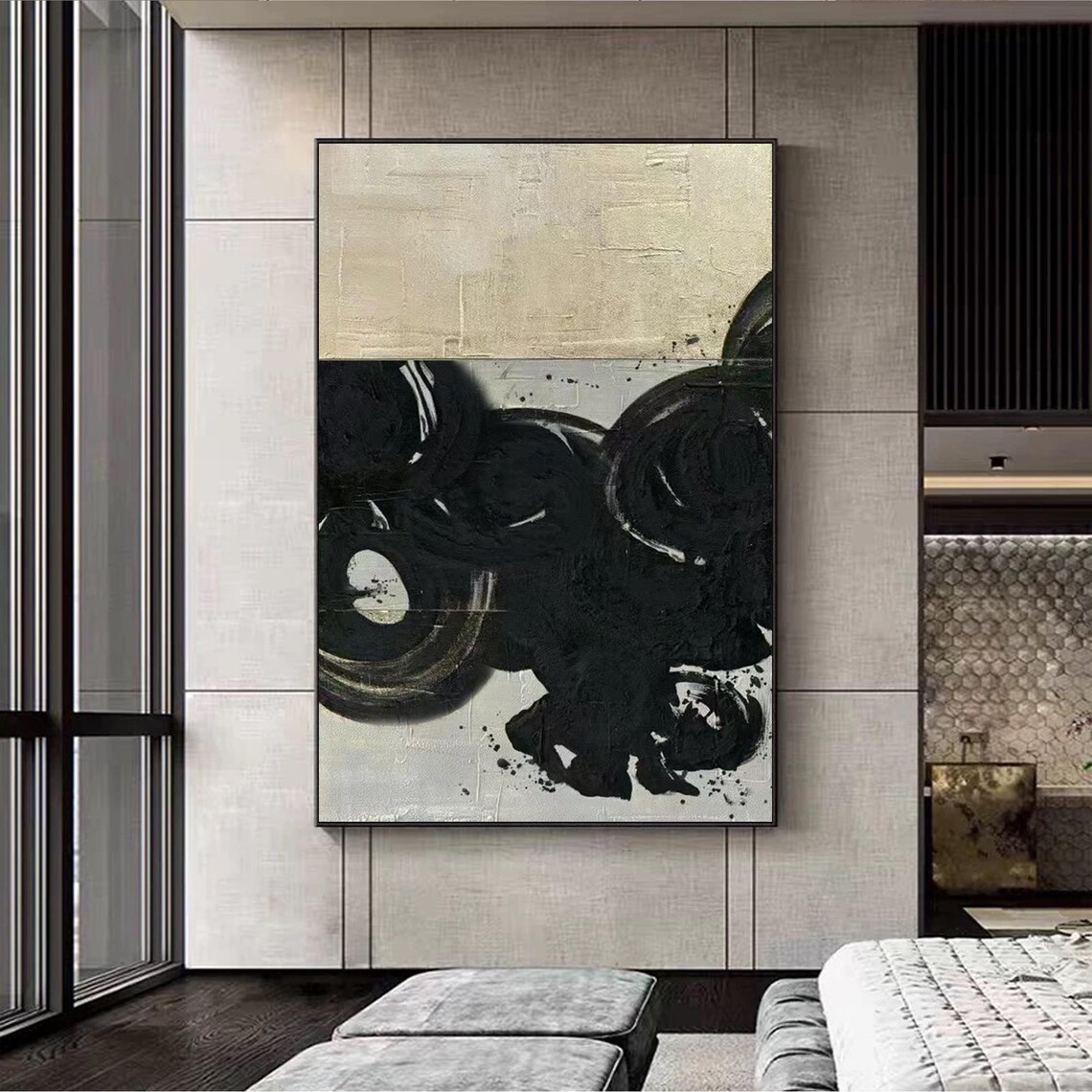 Black And Beige Abstract Texture Painting, Japandi - Image 2