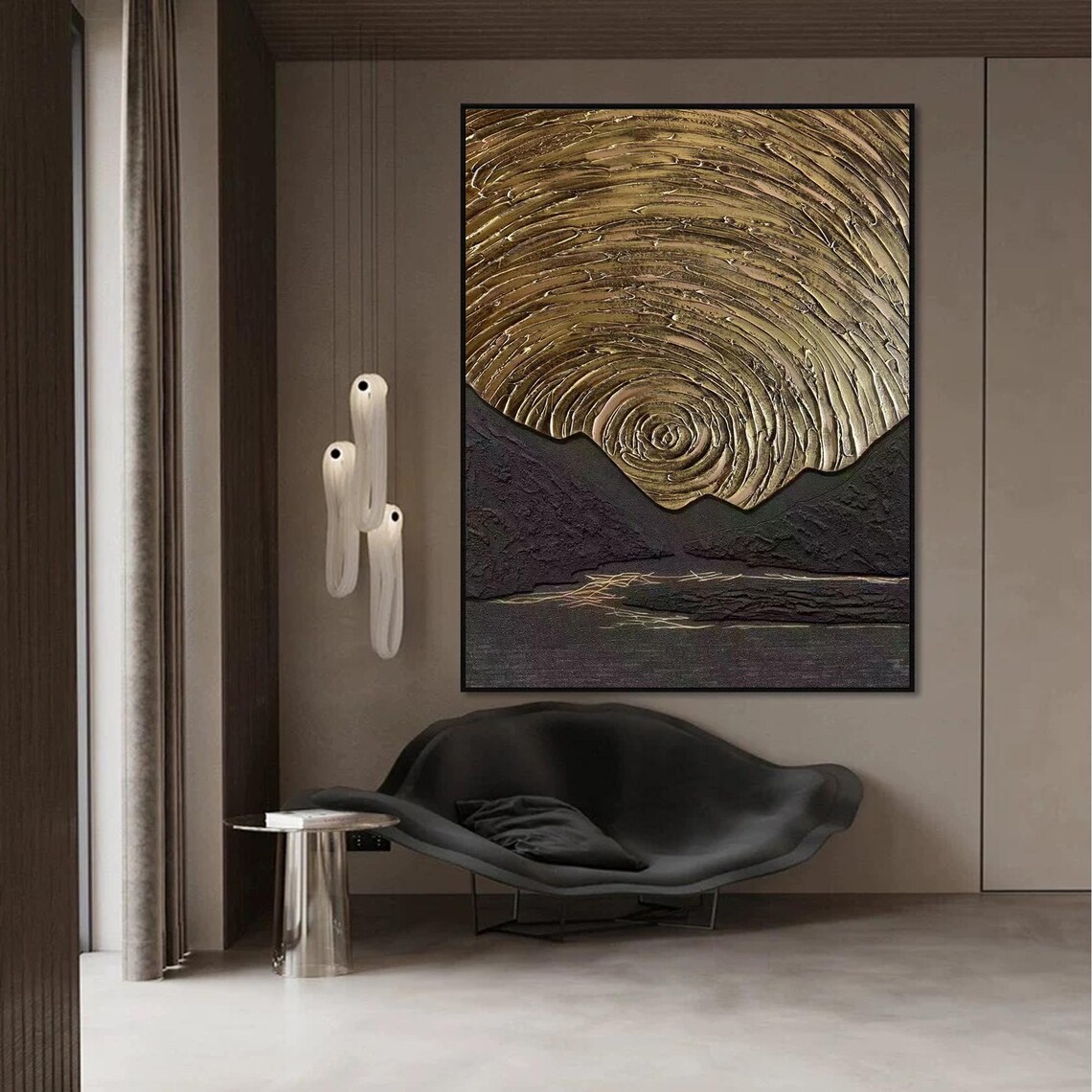 Black And Gold Abstract Textured, Minimalist Painting - Image 2