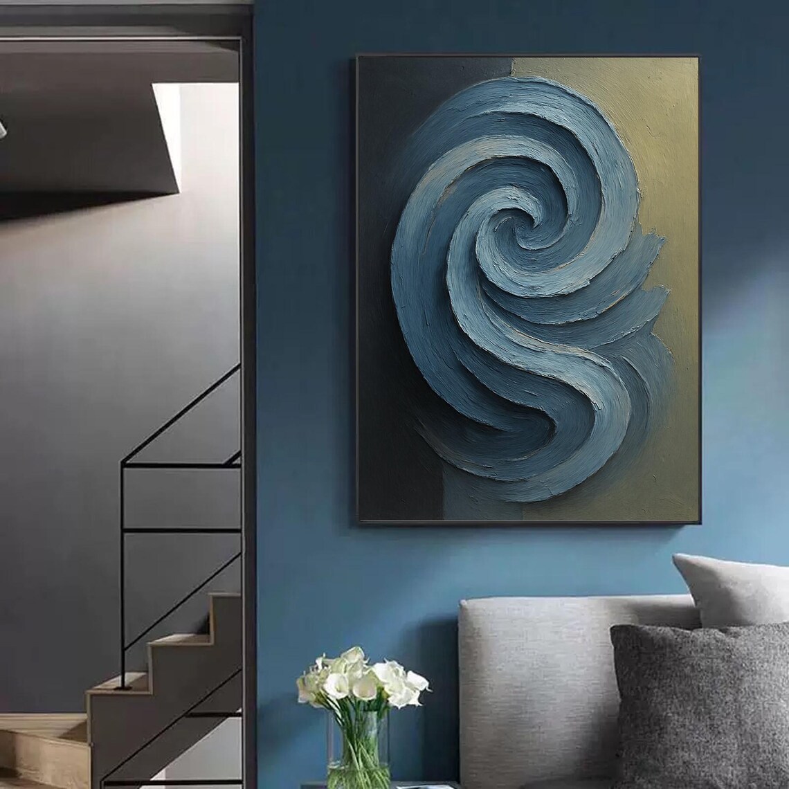 Blue Green Abstract Swirl Painting, Modern Decor - Image 3