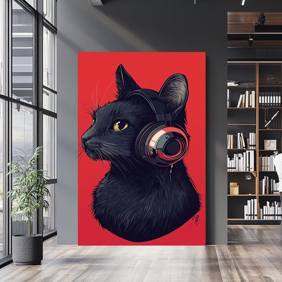 Black Cat With Headphones Bold Red Background Cool Music Wall Art Poster