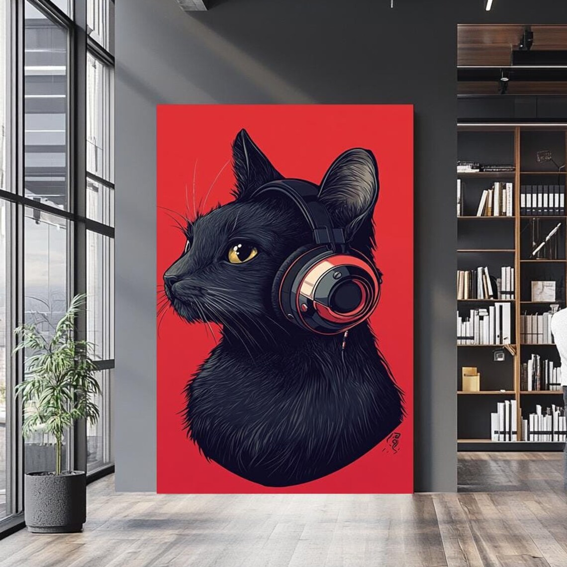 Black Cat With Headphones Bold Red Background Cool Music Wall Art Poster