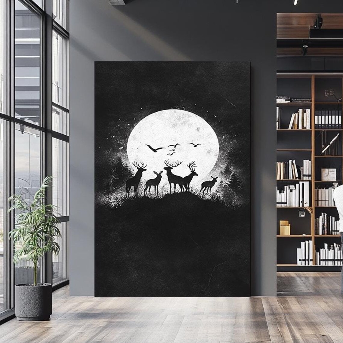 Deer Herd Silhouette Full Moon Black And White Forest Night Wall Art Poster