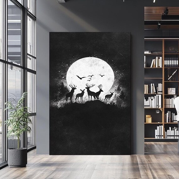 Deer Herd Silhouette Full Moon Black And White Forest Night Wall Art Poster