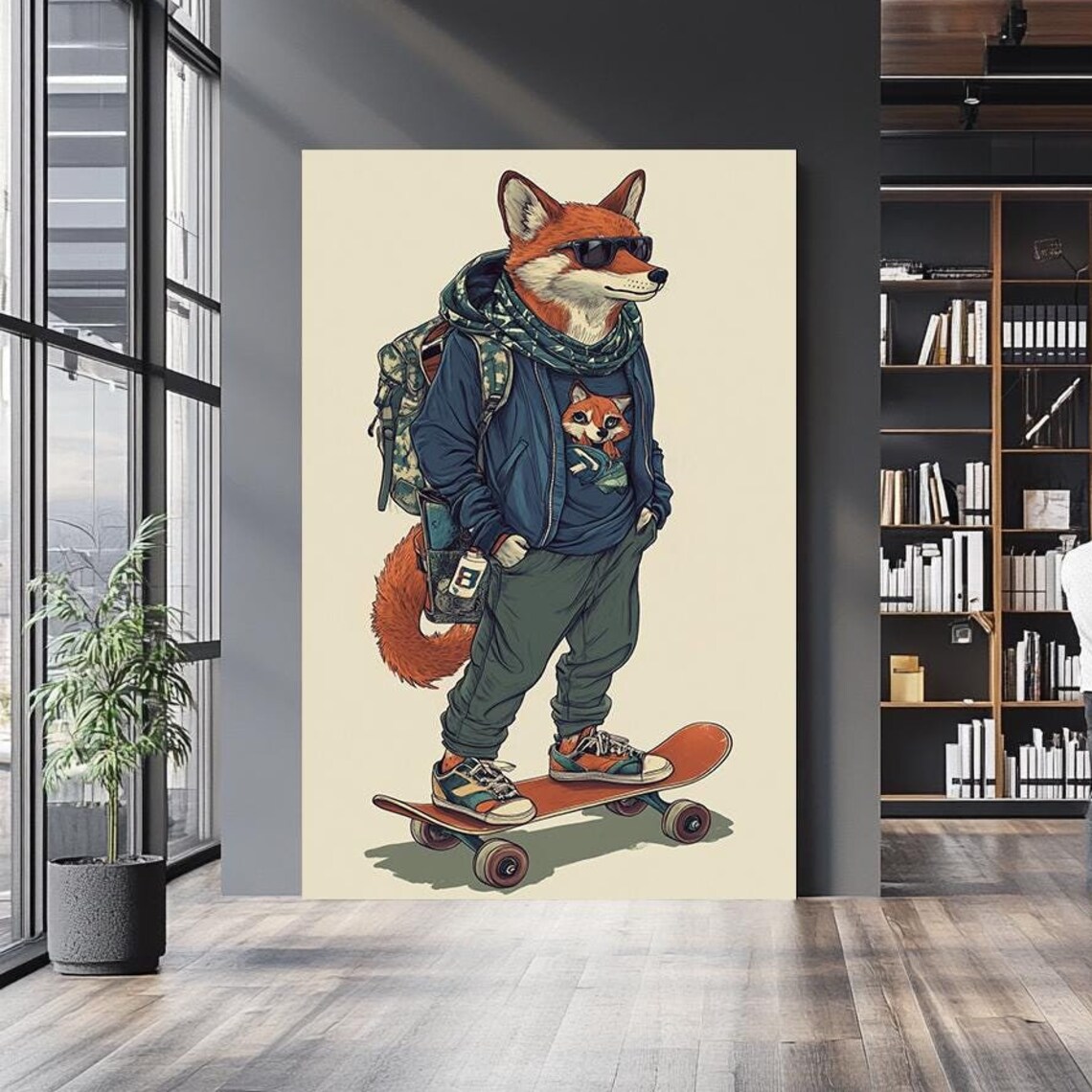 Skater Fox Hipster Cartoon Sunglasses Hoodie Cool Trendy Wall Art Poster