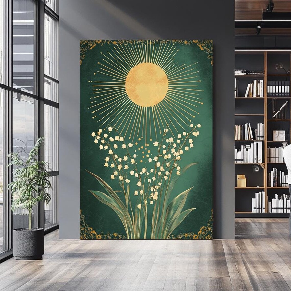 Art Nouveau Lily Of The Valley Golden Sunburst Green Wall Art Poster