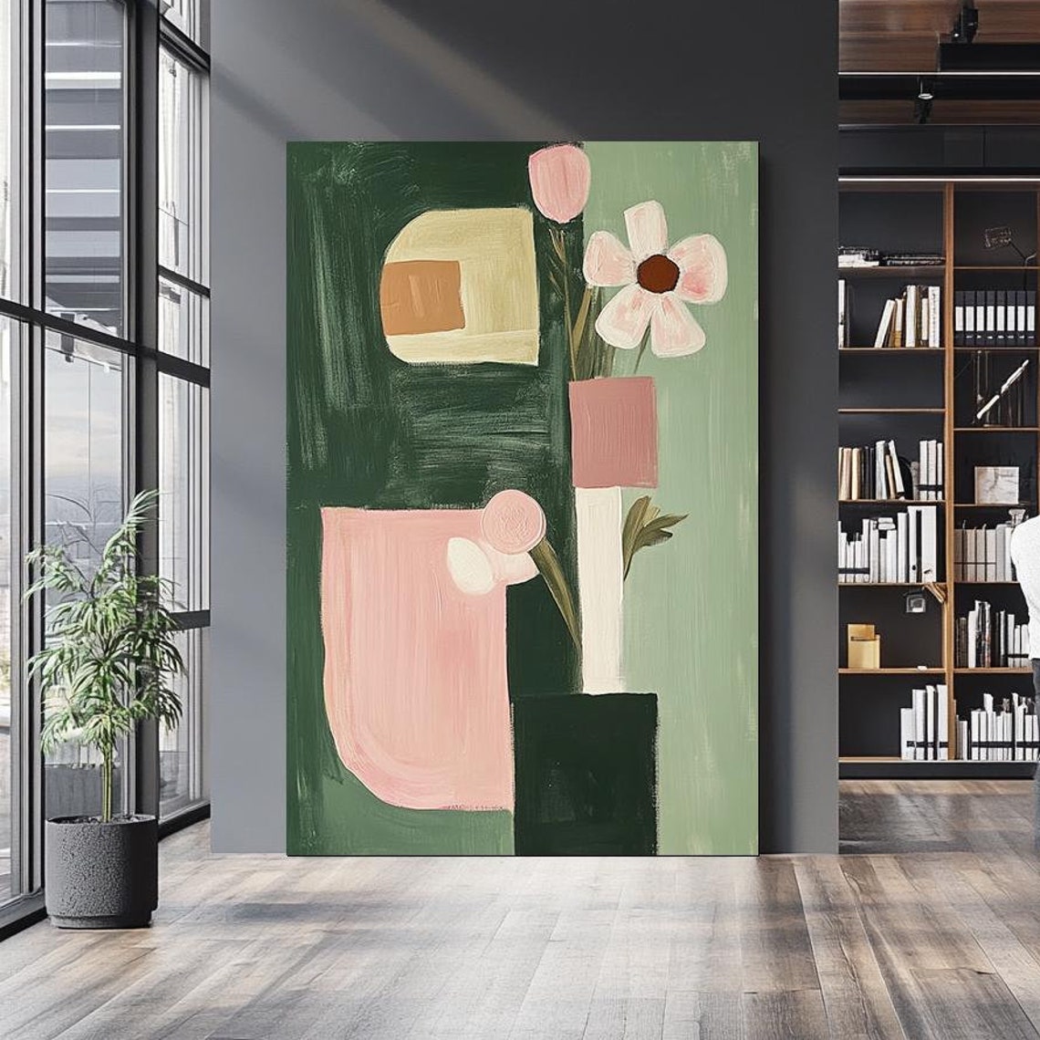 Modern Abstract Floral Pink Green Botanical Minimalist Wall Art Poster