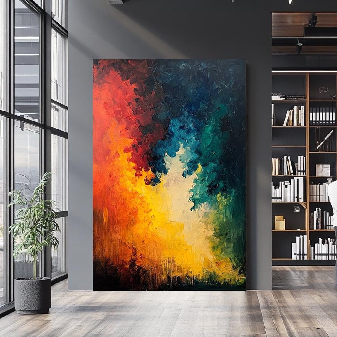Colorful Abstract Fire And Water Red Teal Split Canvas Painting Art