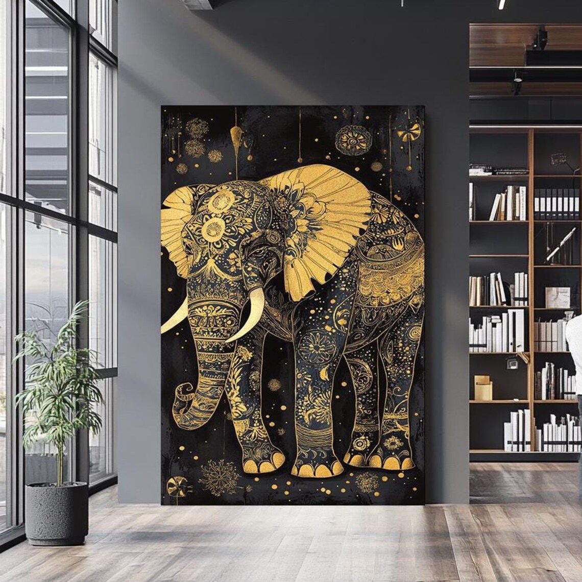 Ornate Gold Elephant Mandala Black Luxury Indian Style Animal Wall Art Poster