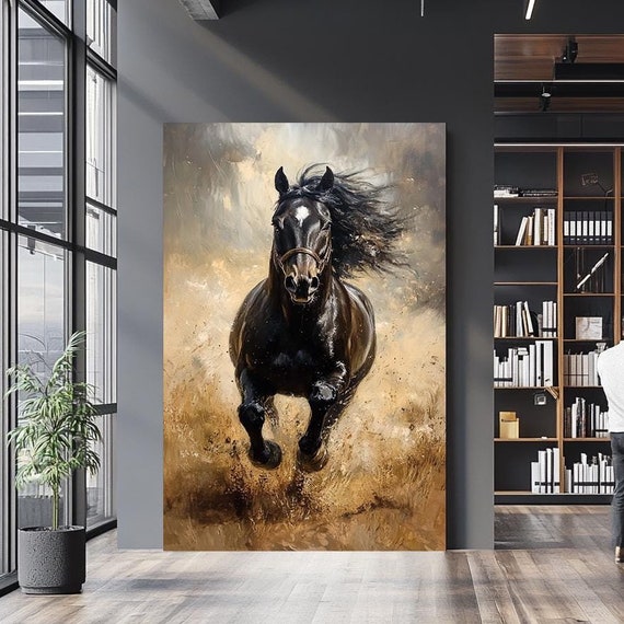 Majestic Black Horse Wall Art Dynamic Equine Artwork With Bold Brushstrokes Stunning Animal Decor For Sophisticated Spaces