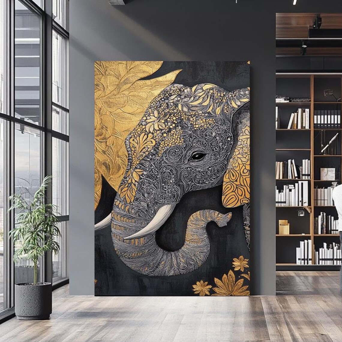 Elegant Elephant Head Gold Floral Zentangle Black Luxury Wall Art Poster
