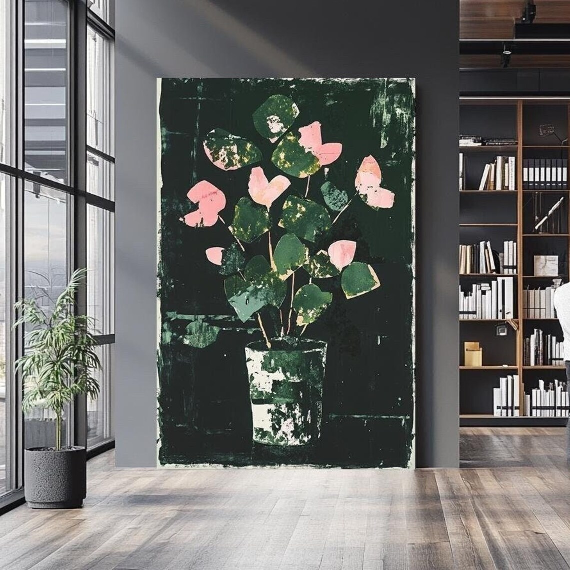 Heart Leaves Potted Plant Dark Distressed Botanical Art Print Poster