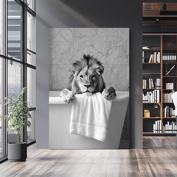 Black And White Lion Bath Time Towel Funny Marble Bathroom Wall Art Poster