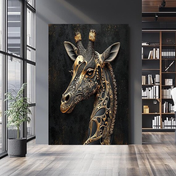 Regal Black Giraffe With Gold Filigree Ornate Animal Portrait Wall Art