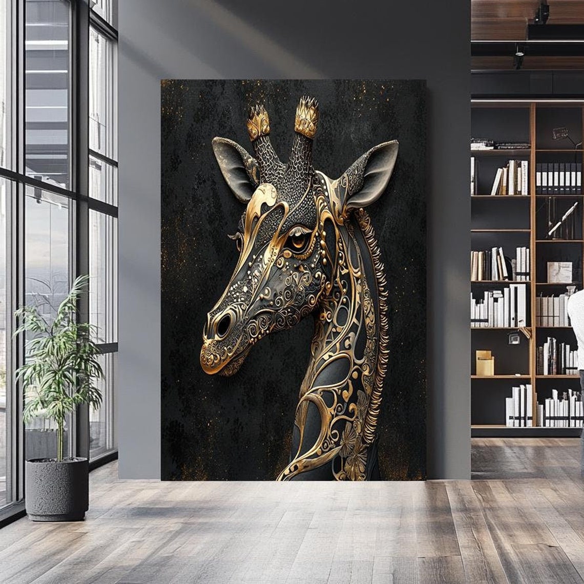 Regal Black Giraffe With Gold Filigree Ornate Animal Portrait Wall Art