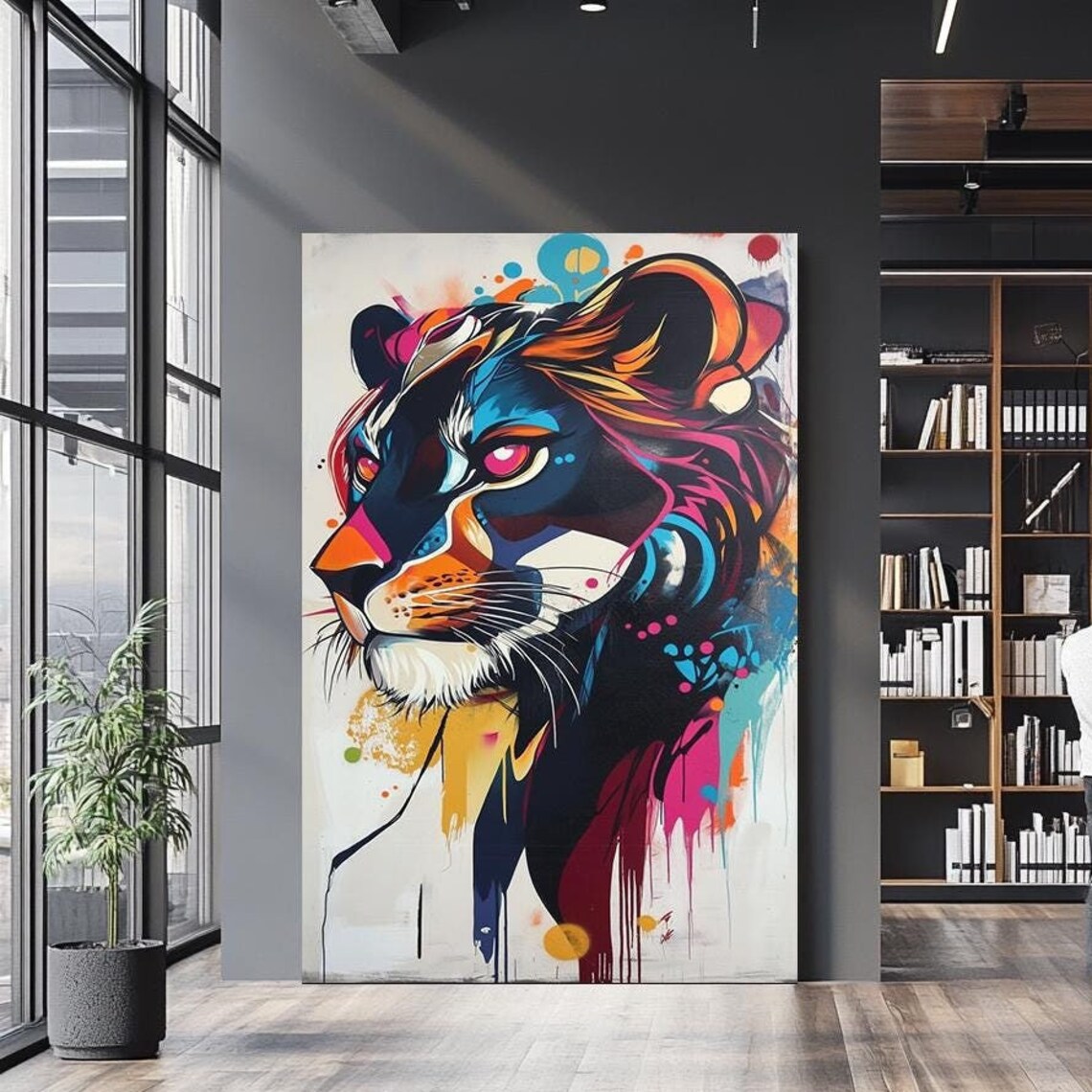 Colorful Graffiti Lioness Pop Art Neon Paint Splatter Wild Cat Wall Art Poster