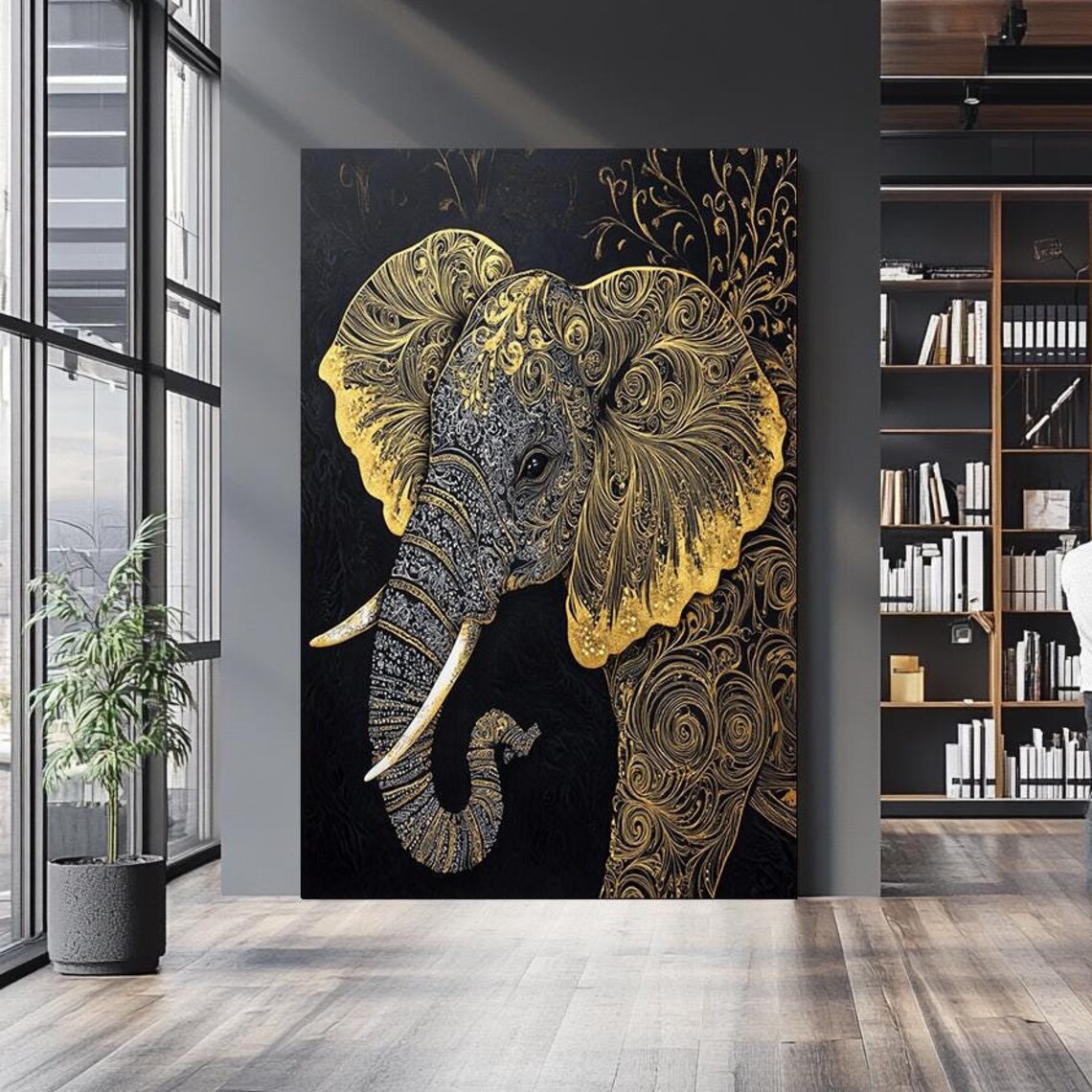 Elegant Gold Elephant on Black Ornate Filigree Intricate Wildlife Poster