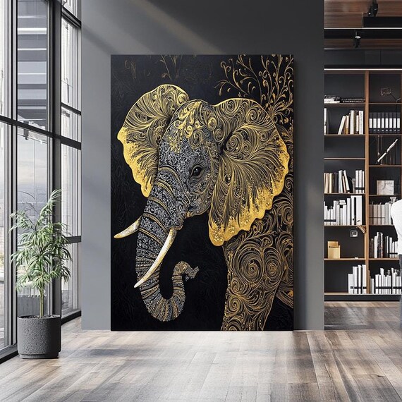 Elegant Gold Elephant on Black Ornate Filigree Intricate Wildlife Poster