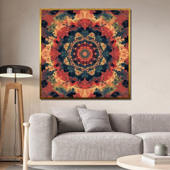 Distressed Orange and Navy Boho Mandala Vintage Style Art Print