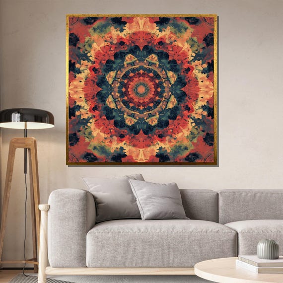 Large Mandala Wall Art With Warm Orange Navy Tones Modern Boho Geometric Print For Living Room Or Meditation Space