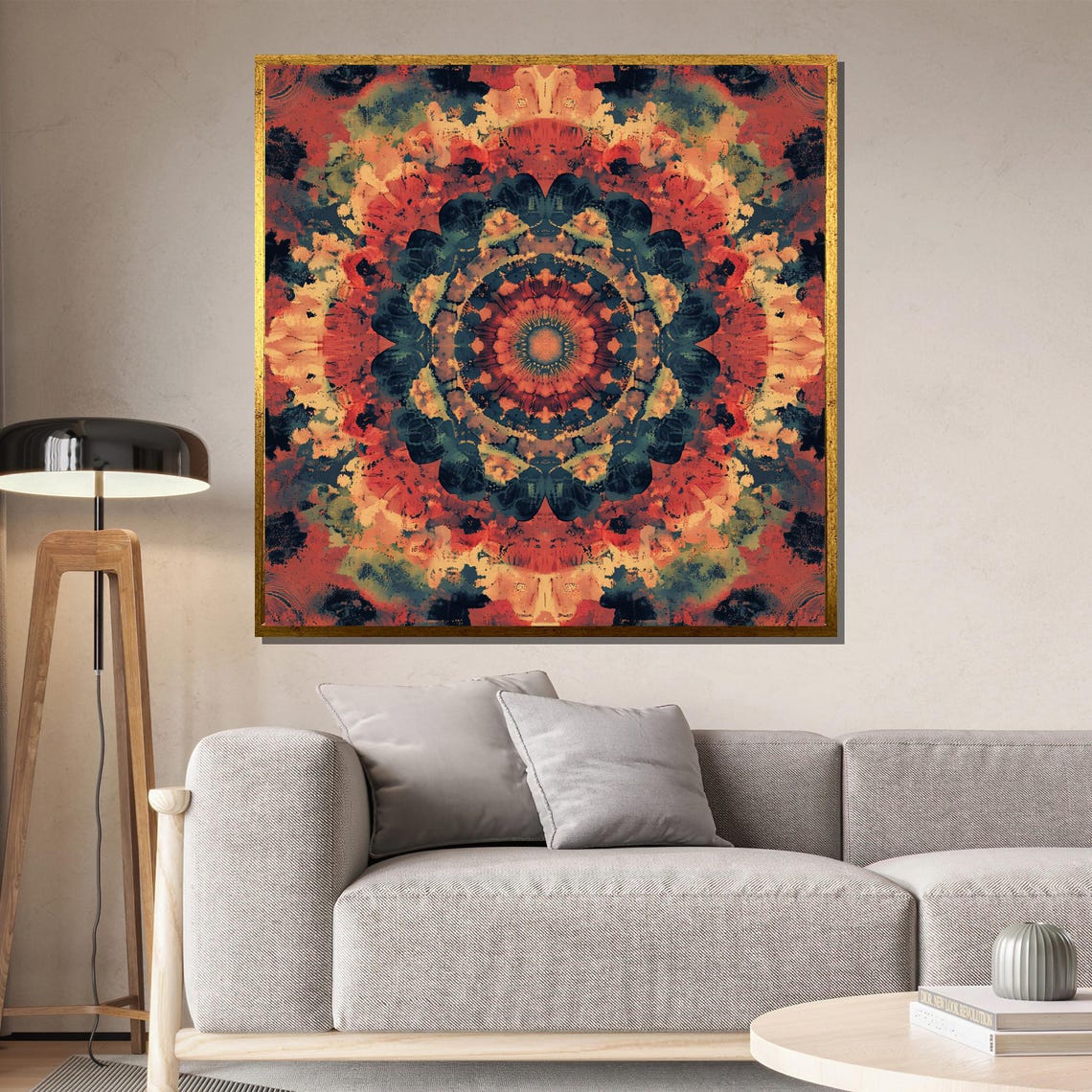 Large Mandala Wall Art With Warm Orange Navy Tones Modern Boho Geometric Print For Living Room Or Meditation Space