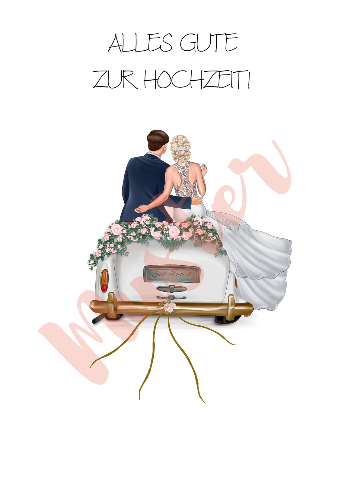 Blonde Braided Bride and Navy Groom on Floral Just Married Car Poster - Image 3