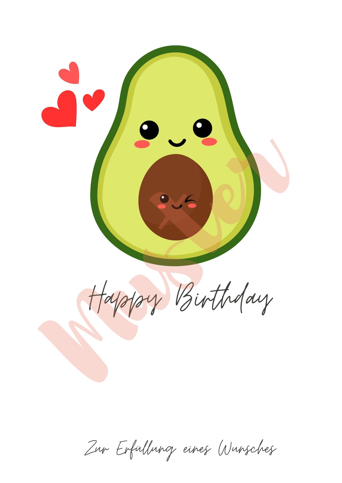 Kawaii Smiling Avocado with Hearts Happy Birthday Greeting Art Poster - Image 3