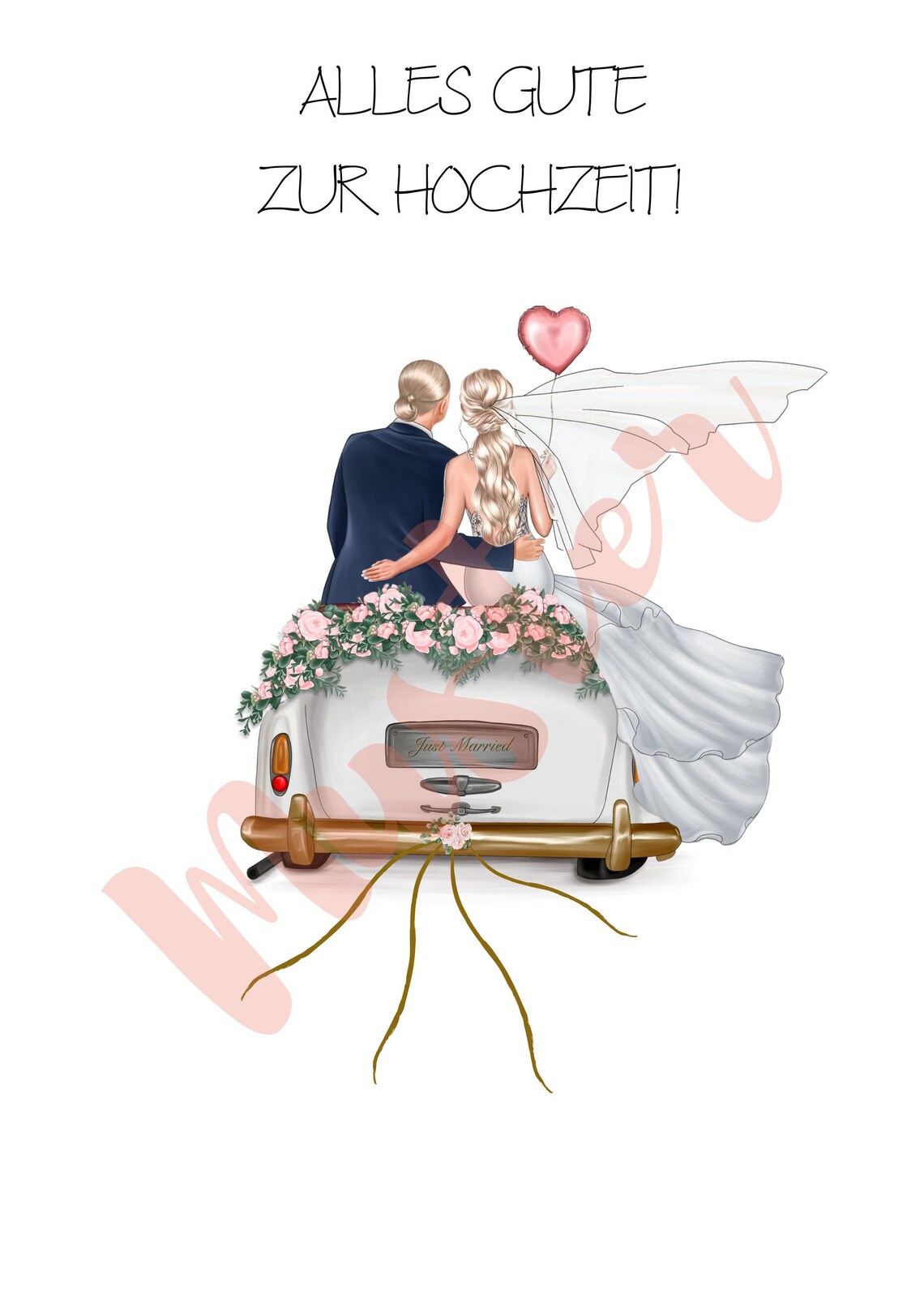 Blonde Couple Lace Back Dress Floral Just Married Car Wedding Poster - Image 3