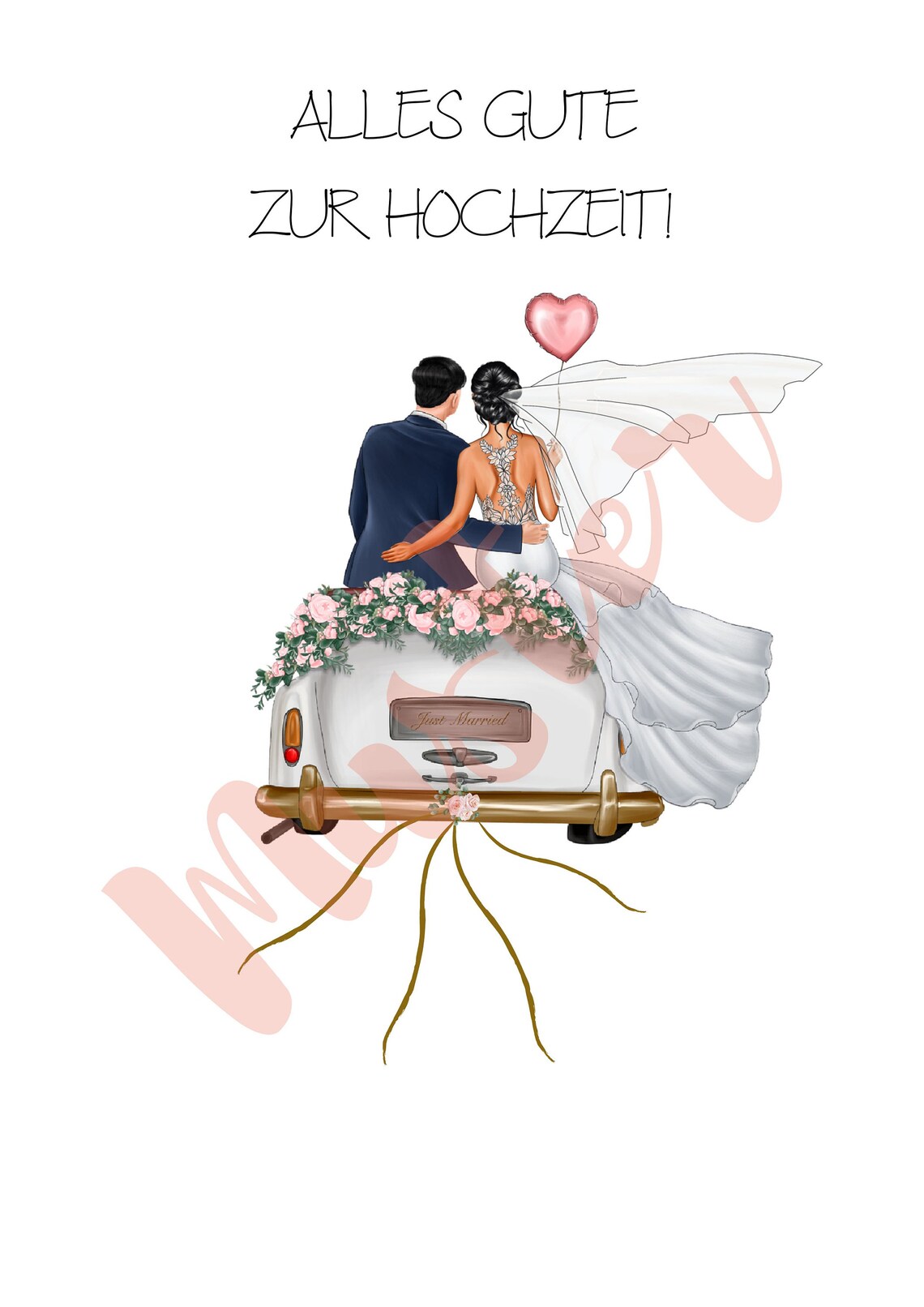 Heart Balloon Bride and Navy Groom on Floral Just Married Car Poster - Image 2