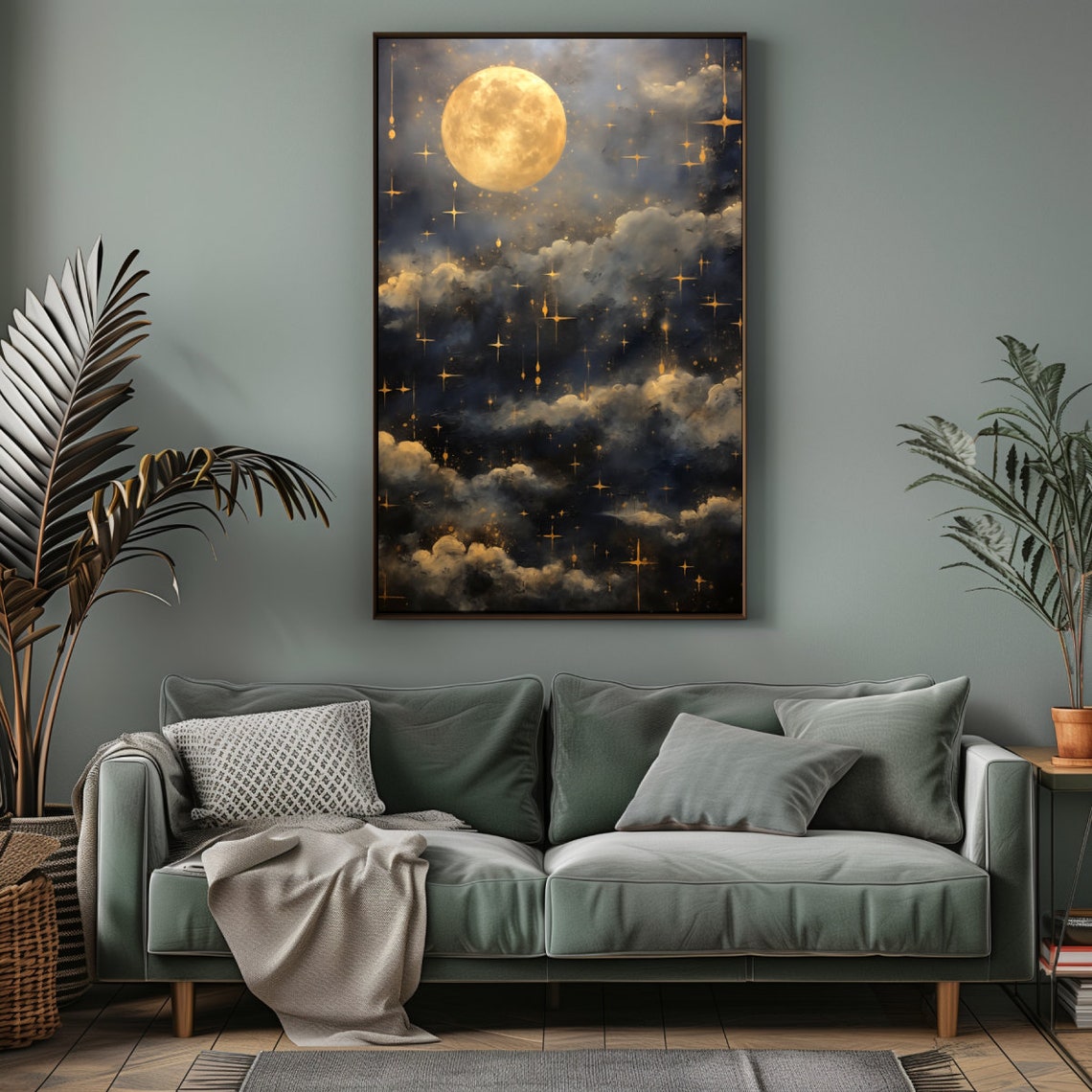 Vintage Night Sky Print Full Moon Oil Painting Cloudy Evening Wall Art Lunar Celestial Artwork Moody Starry Dark Academia Decor - Image 5