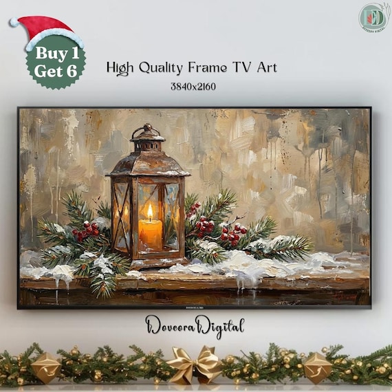 Glowing Christmas Lantern with Snowy Pine Branches Samsung Frame TV Art Print